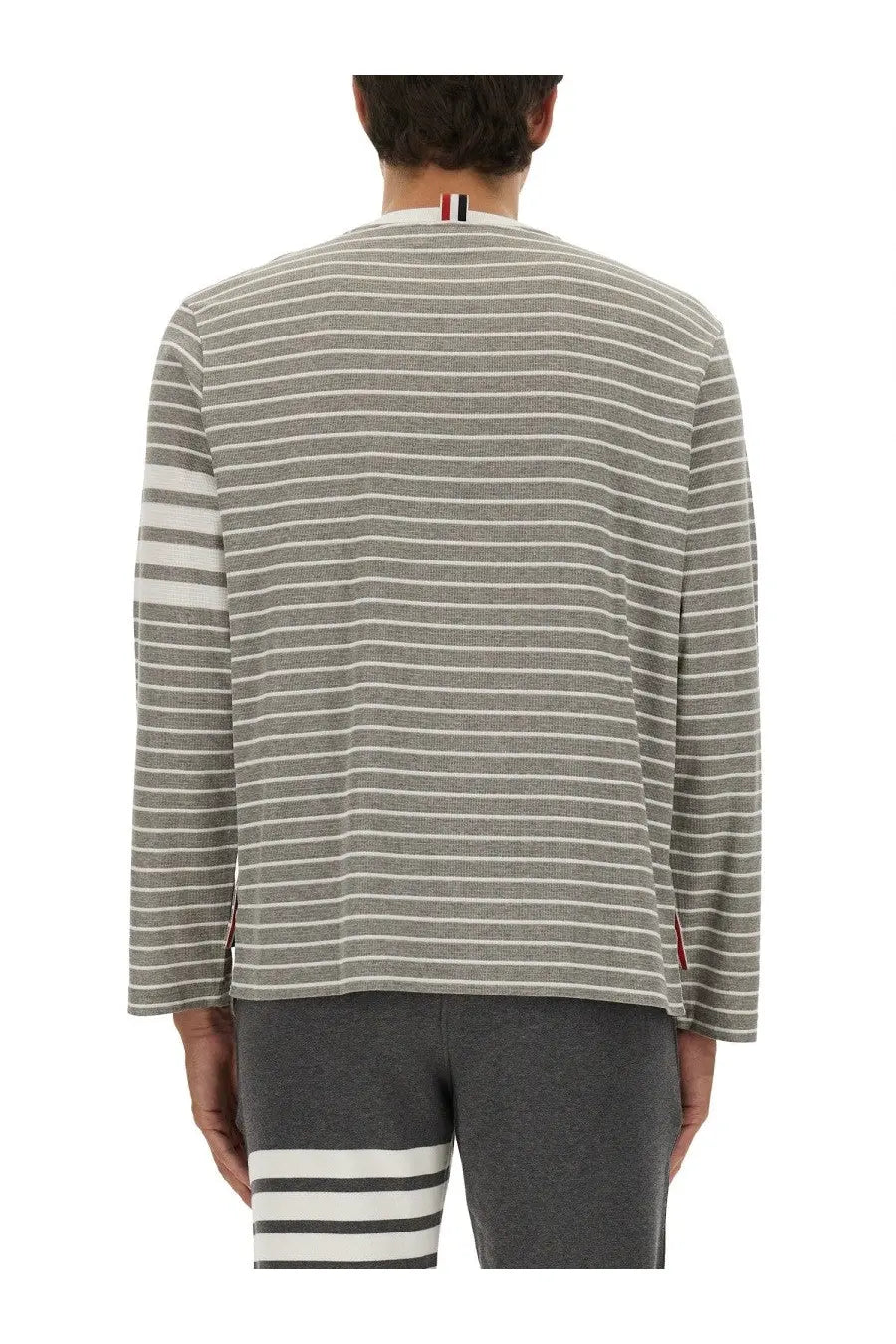 Thom Browne men’s striped shirt grey with gray and white horizontal stripes textured knit fabric and three-stripe collar detail