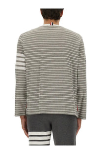 Thom Browne men’s striped shirt grey with gray and white horizontal stripes textured knit fabric and three-stripe collar detail