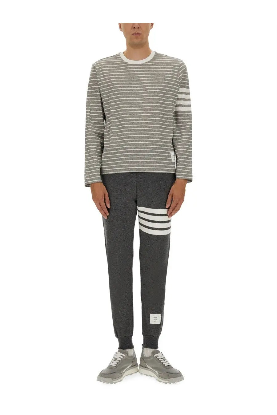 Thom Browne men’s striped gray long-sleeve sweatshirt and matching joggers with three horizontal sleeve stripes