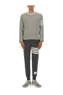 Thom Browne men’s striped gray long-sleeve sweatshirt and matching joggers with three horizontal sleeve stripes
