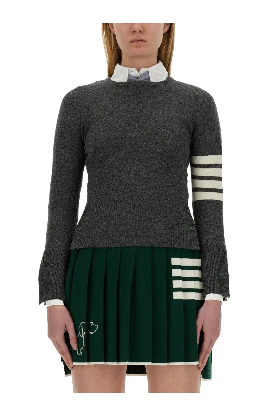 Thom Browne women’s dark gray cashmere knit sweater with white three-stripe sleeves and embroidered dog motif on skirt