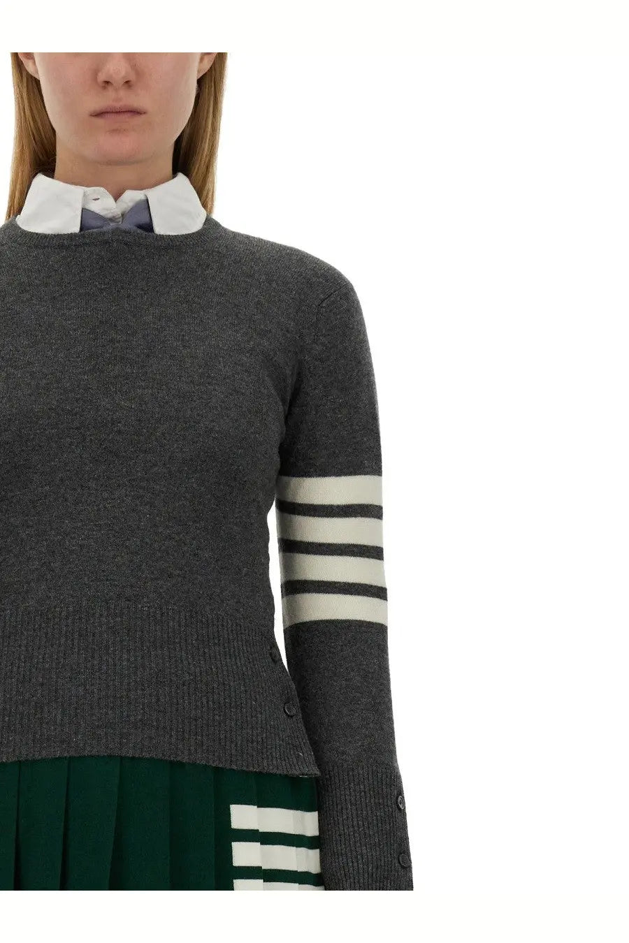 Thom Browne women’s grey cashmere sweater with three white stripes on sleeves crew neck and buttoned cuffs