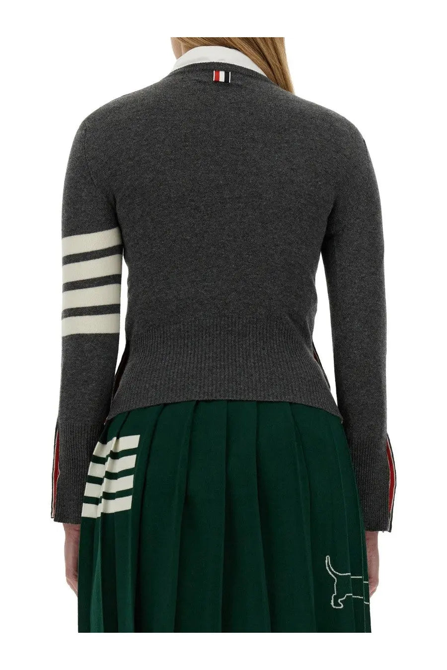 Thom Browne women’s grey cashmere sweater with three white sleeve stripes and red white blue logo at neckline