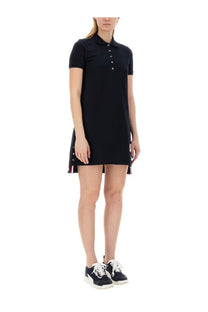 Thom browne women’s black cotton pique polo shirt dress with collar button front and colorful striped side trim
