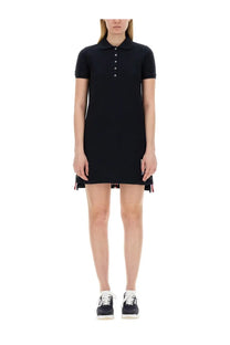 Thom Browne women’s black cotton pique polo shirt dress with short sleeves buttoned collar and striped hem trim