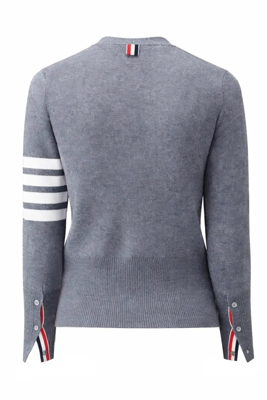 Thom Browne women’s grey knit cardigan with three white stripes on left sleeve and ribbed cuffs