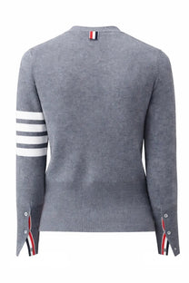 Thom Browne women’s grey knit cardigan with three white stripes on left sleeve and ribbed cuffs