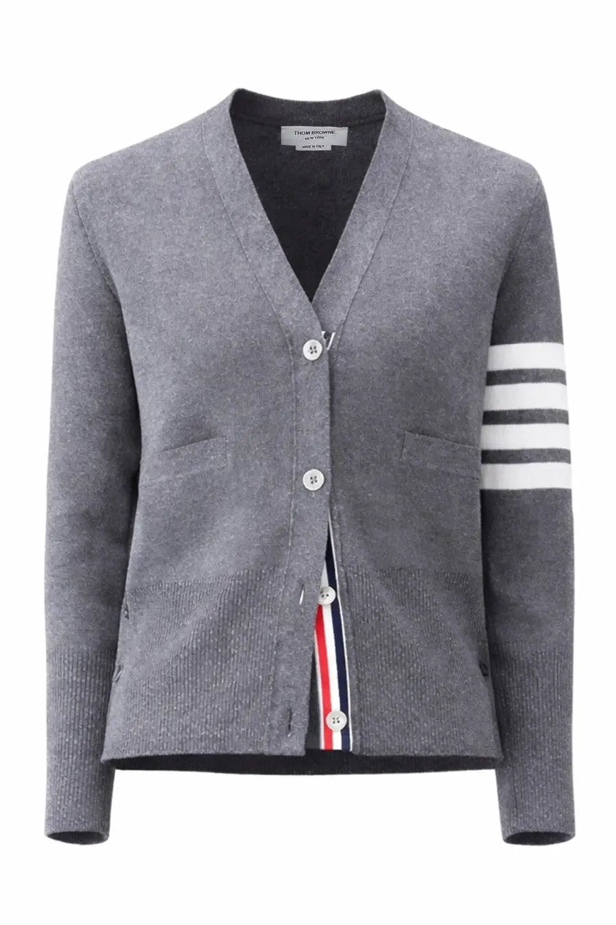 Thom Browne women’s grey wool neck cardigan with three white stripes on sleeve and red white blue placket