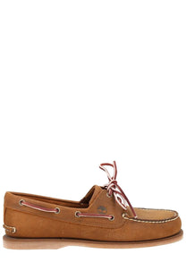 Timberland men’s moccasin classic boat brown shoe in tan leather with reddish brown laces and contrasting stitching