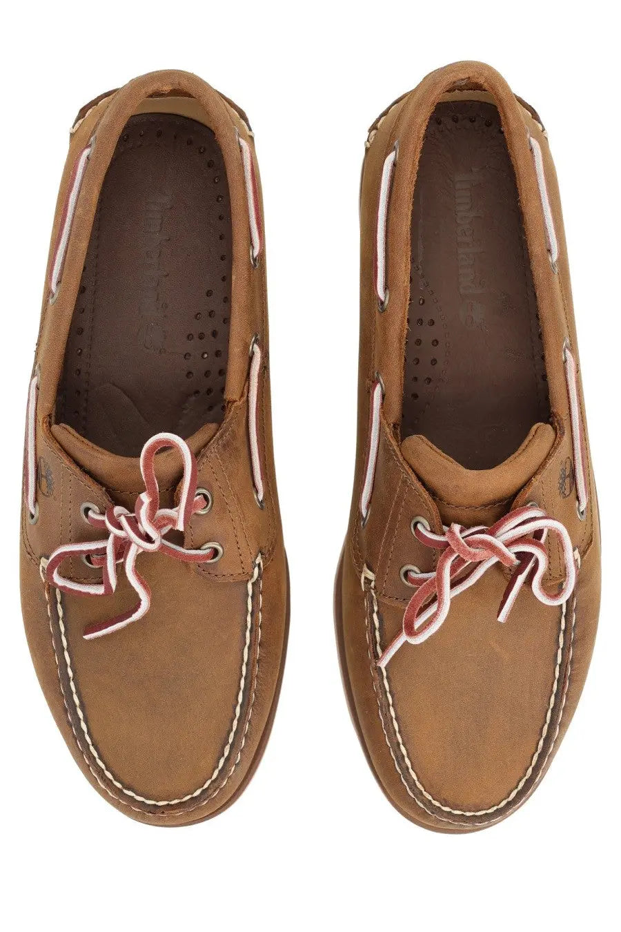 Timberland men’s moccasin classic boat brown tan leather boat shoes with pink laces and white stitching