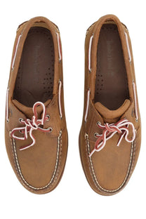 Timberland men’s moccasin classic boat brown tan leather boat shoes with pink laces and white stitching