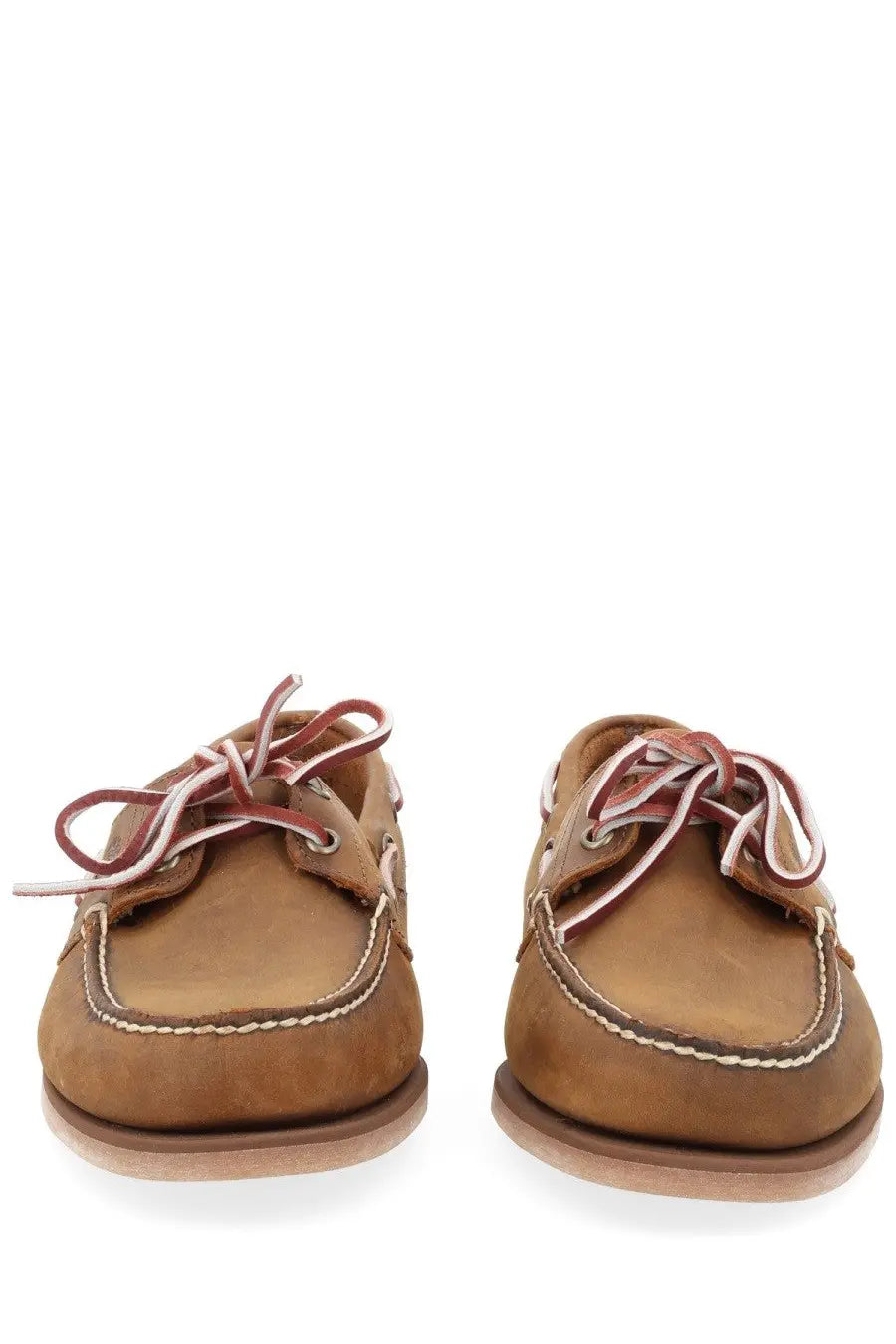 Timberland men’s moccasin classic boat brown tan leather boat shoes with white stitching and maroon and white laces