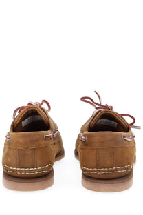 Timberland men’s moccasin classic boat brown tan suede boat shoes with white stitching and reddish brown laces