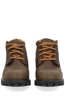 Timberland men’s waterproof chukka boot brown leather with tan laces and rugged black rubber sole