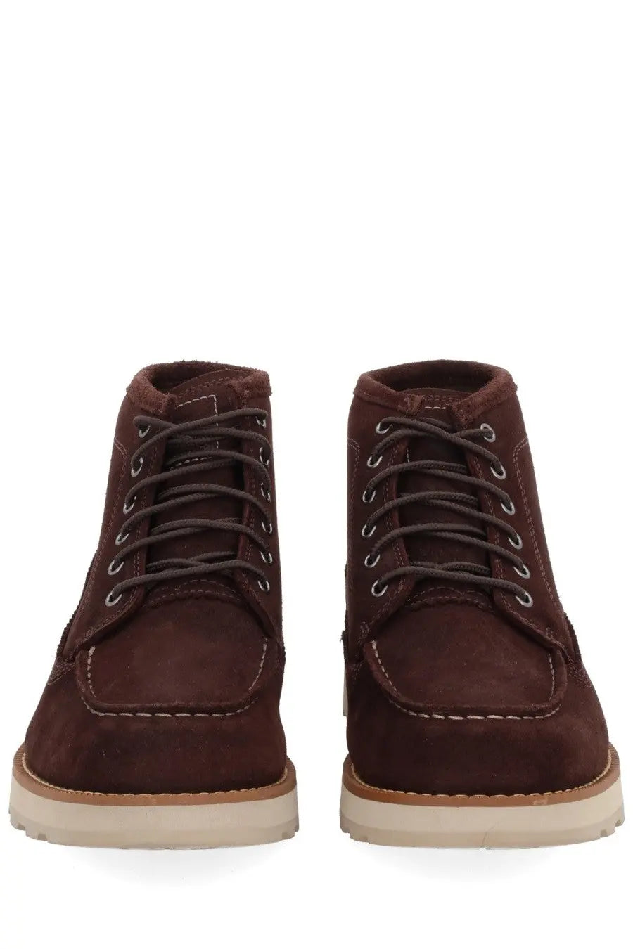 Timberland men’s waterproof chukka boot brown suede with dark laces and light rubber sole front view