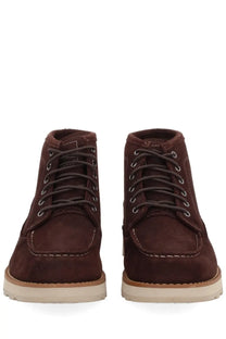 Timberland men’s waterproof chukka boot brown suede with dark laces and light rubber sole front view