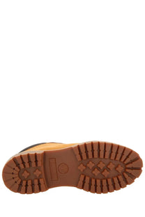Timberland men’s waterproof chukka boot yellow tan leather with brown rubber sole and diamond tread pattern
