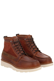 Timberland men’s waterproof lace up boot brown with rugged stitched design and contrasting tan suede panels
