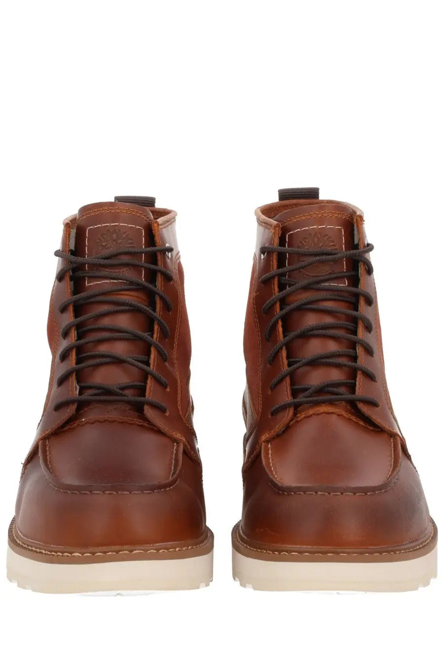 Timberland men’s waterproof brown leather lace-up boots with dark laces and white rubber sole