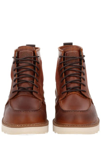 Timberland men’s waterproof brown leather lace-up boots with dark laces and white rubber sole