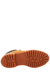 Back view of tan Timberland men’s waterproof lace up boot with rugged rubber sole and embossed logo on heel