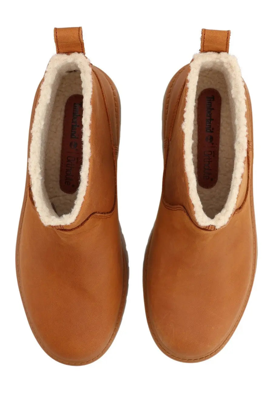 Timberland women’s leather boot brown tan leather chelsea boots with plush white shearling lining and back pull tab