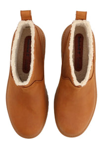 Timberland women’s leather boot brown tan leather chelsea boots with plush white shearling lining and back pull tab