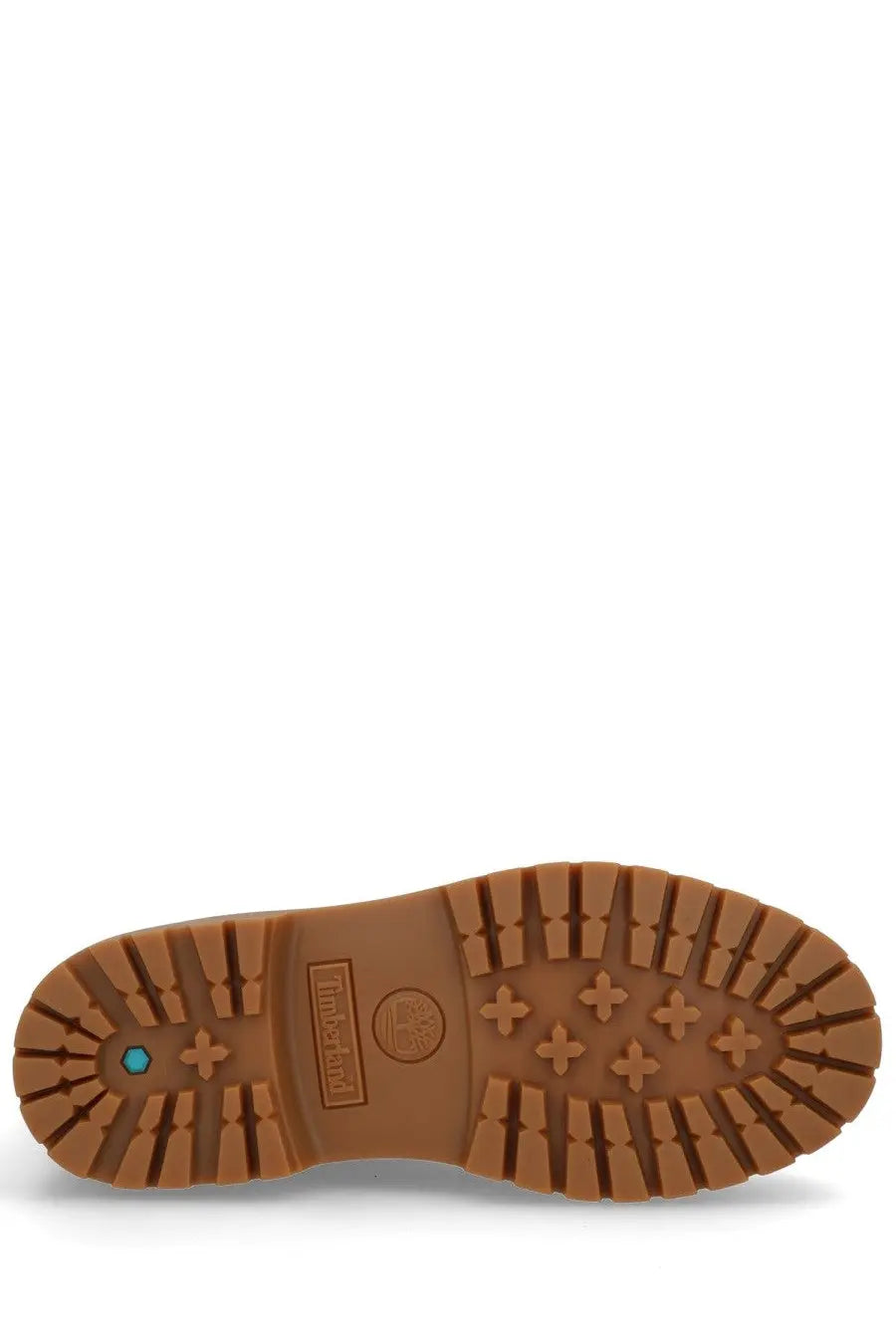 Tan rubber sole with textured tread and timberland logo embossed near the heel of timberland women’s brown leather boot back view