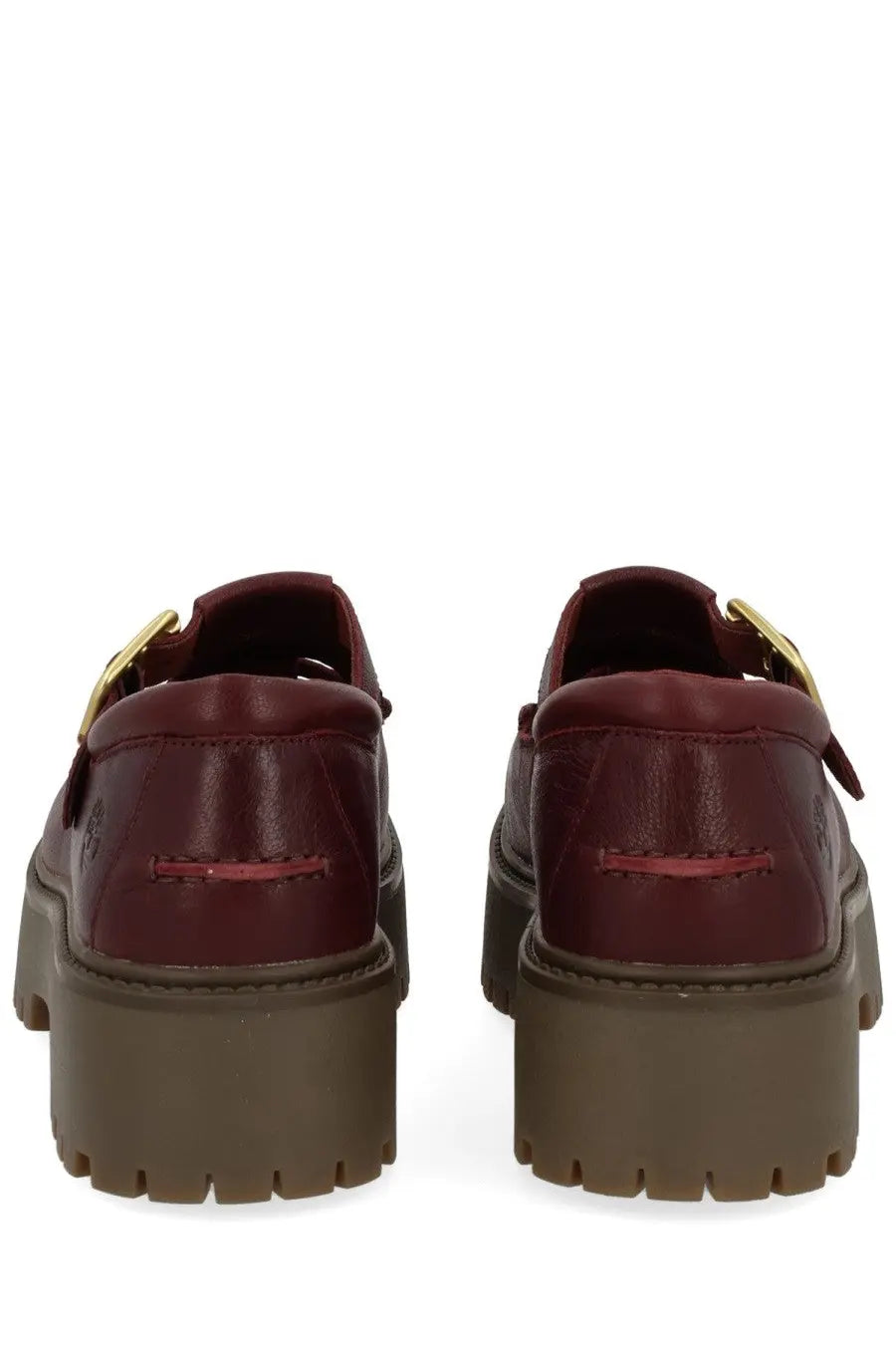 Timberland women’s loafer red maroon leather platform loafers with gold-tone buckle and olive green rubber soles