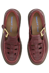 Timberland women’s loafer red maroon leather sandals with woven strap design and gold-tone buckle closure