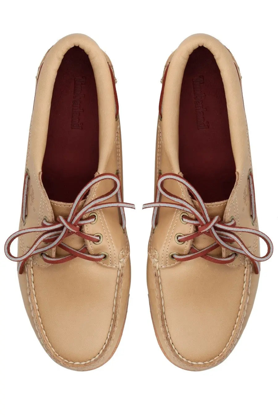 Timberland women’s shoe noreen beige leather boat shoes with red and white laces visible from the back side