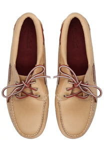 Timberland women’s shoe noreen beige leather boat shoes with red and white laces visible from the back side