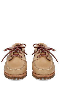 Timberland women’s shoe noreen beige tan leather boat shoes with contrasting brown laces and rugged rubber sole
