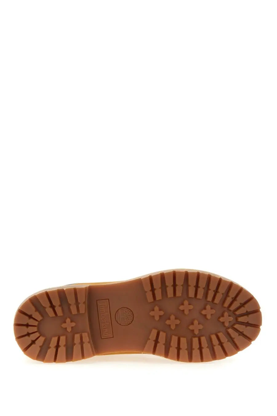 Brown rubber sole with distinctive tread pattern and timberland logo on timberland women’s waterproof yellow boots back side
