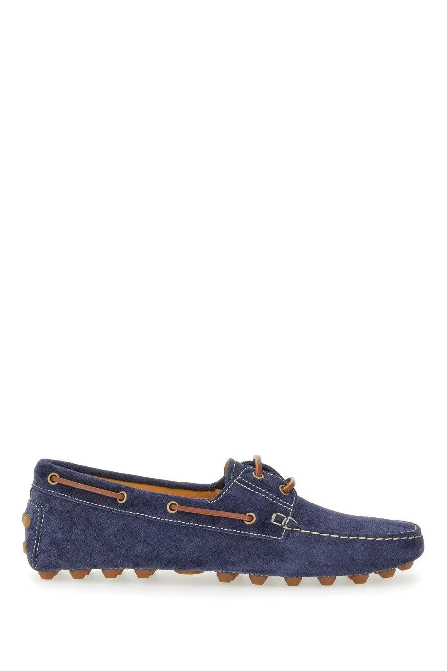 Tod’s men’s leather loafer blue in navy suede with tan laces and stitching for stylish casual wear