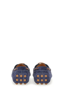 Tod’s men’s leather loafer blue navy suede with tan leather accents and circular rubber grips on the soles