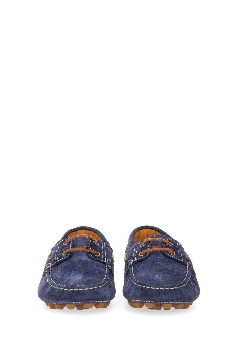 Tod’s men’s leather loafer in navy blue suede with tan laces and stitching shown from the back side