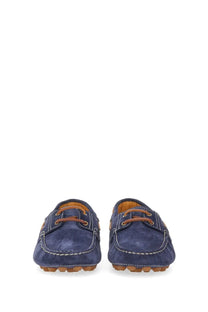 Tod’s men’s leather loafer in navy blue suede with tan laces and stitching shown from the back side