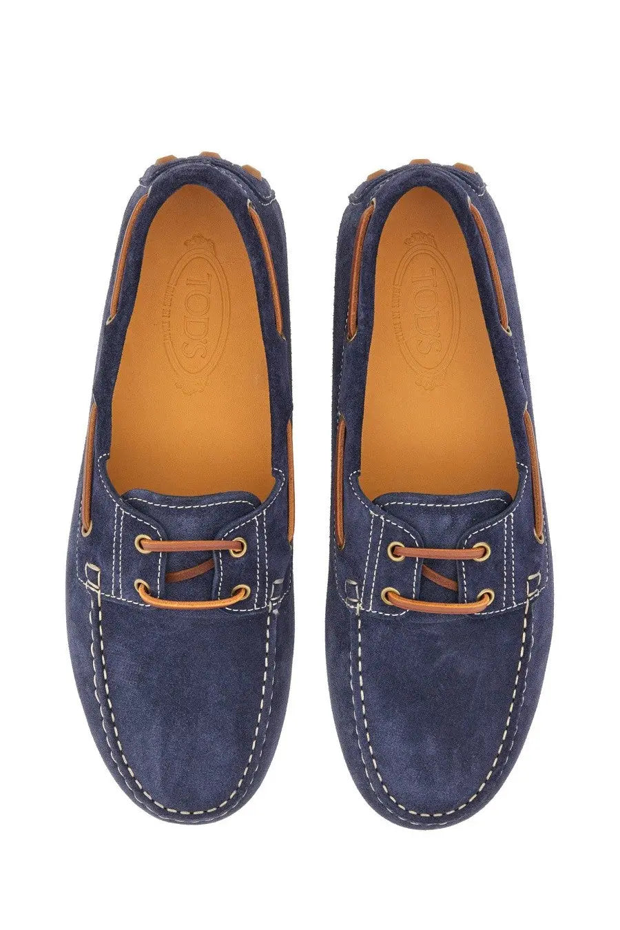 Tod’s men’s leather loafer blue navy blue suede boat shoes with tan laces and white stitching