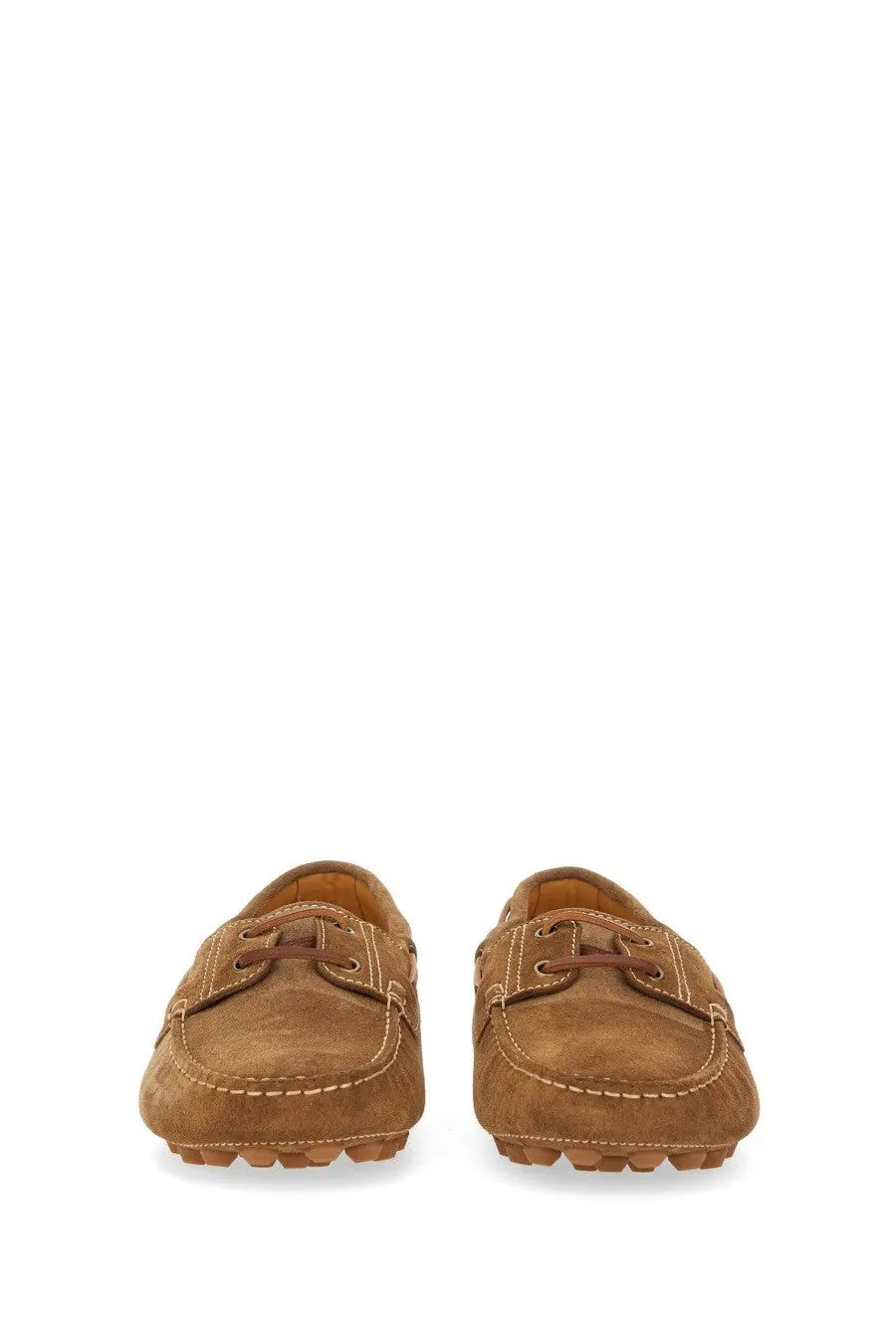 Tod’s men’s leather loafer in brown tan suede with brown laces and contrasting stitching visible from the front