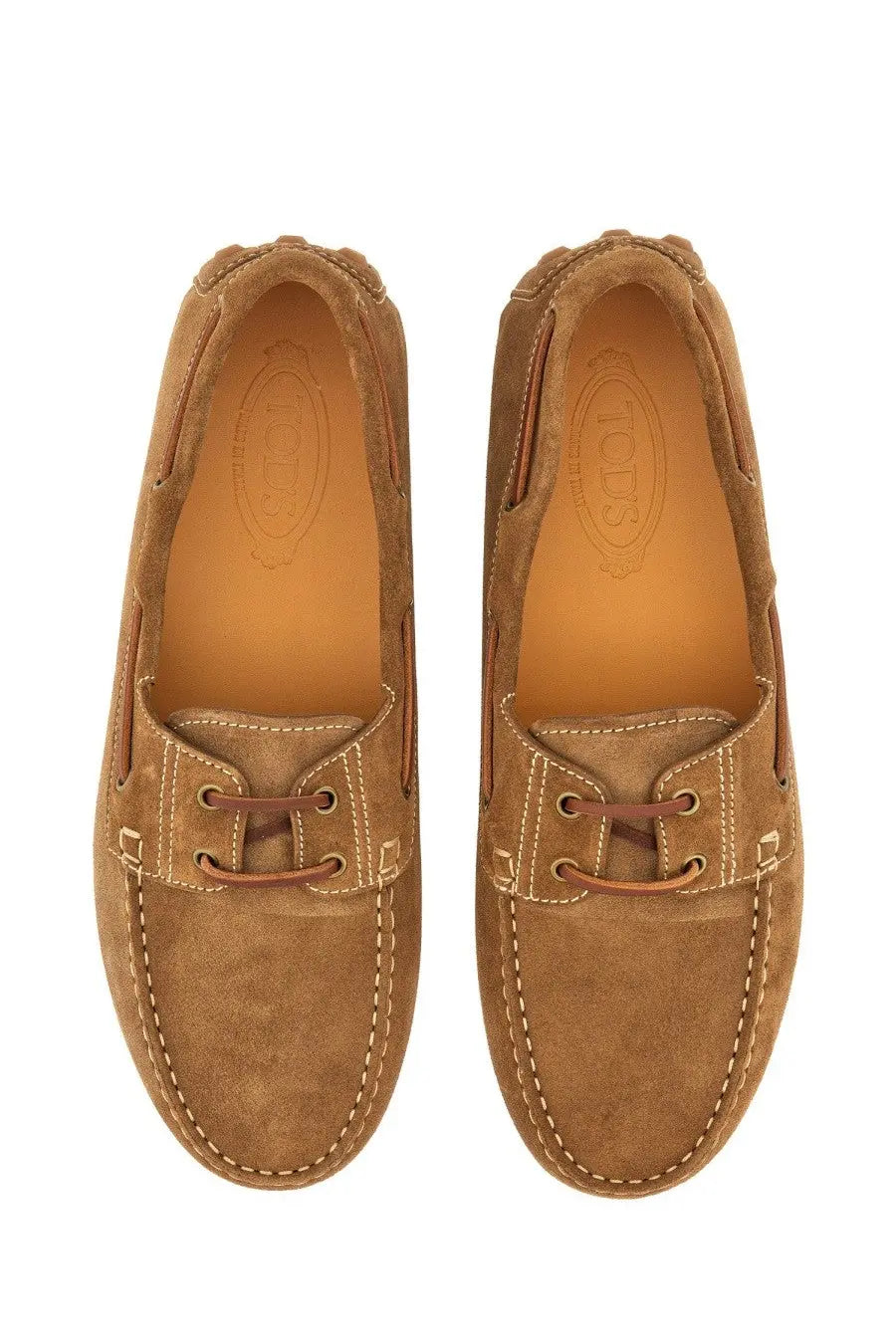 Tod’s men’s leather loafer brown in tan suede with brown laces and contrasting stitching