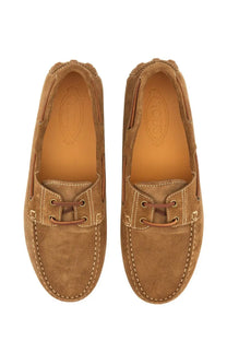 Tod’s men’s leather loafer brown in tan suede with brown laces and contrasting stitching