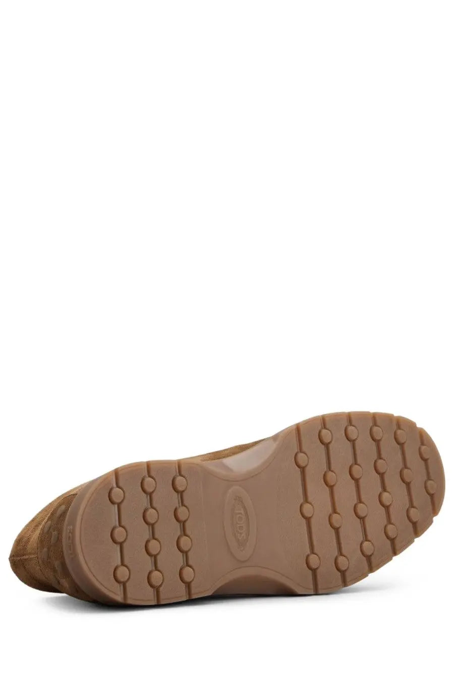 Tod’s men’s mocassino in pelle scamosciata brown tan suede boot with textured circular tread rubber sole