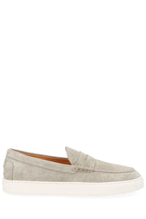 Tods men’s moccasin cassette beige light gray suede loafer with white rubber sole and tan interior lining