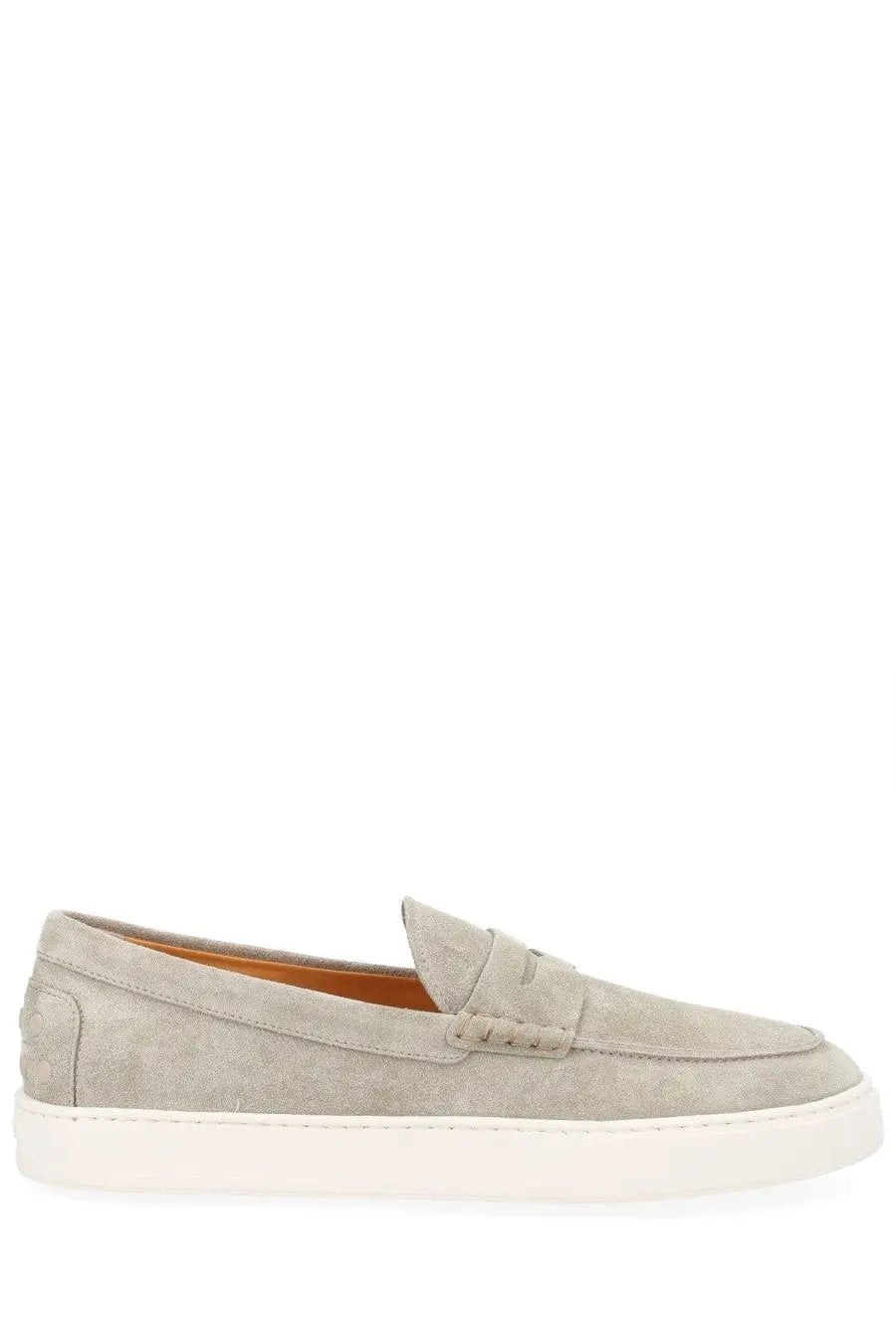 Tod’s men’s moccasin cassette beige light gray suede loafer with white rubber sole and tan interior lining