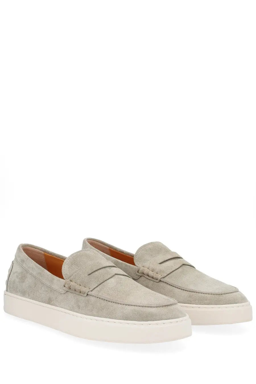 Beige suede tods men’s moccasin cassette loafers with classic penny loafer design and white rubber soles
