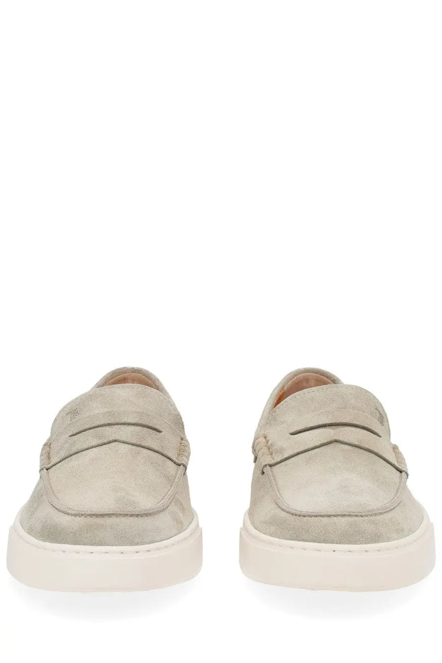 Tod’s men’s moccasin cassette beige suede loafers with classic penny loafer design and white rubber soles