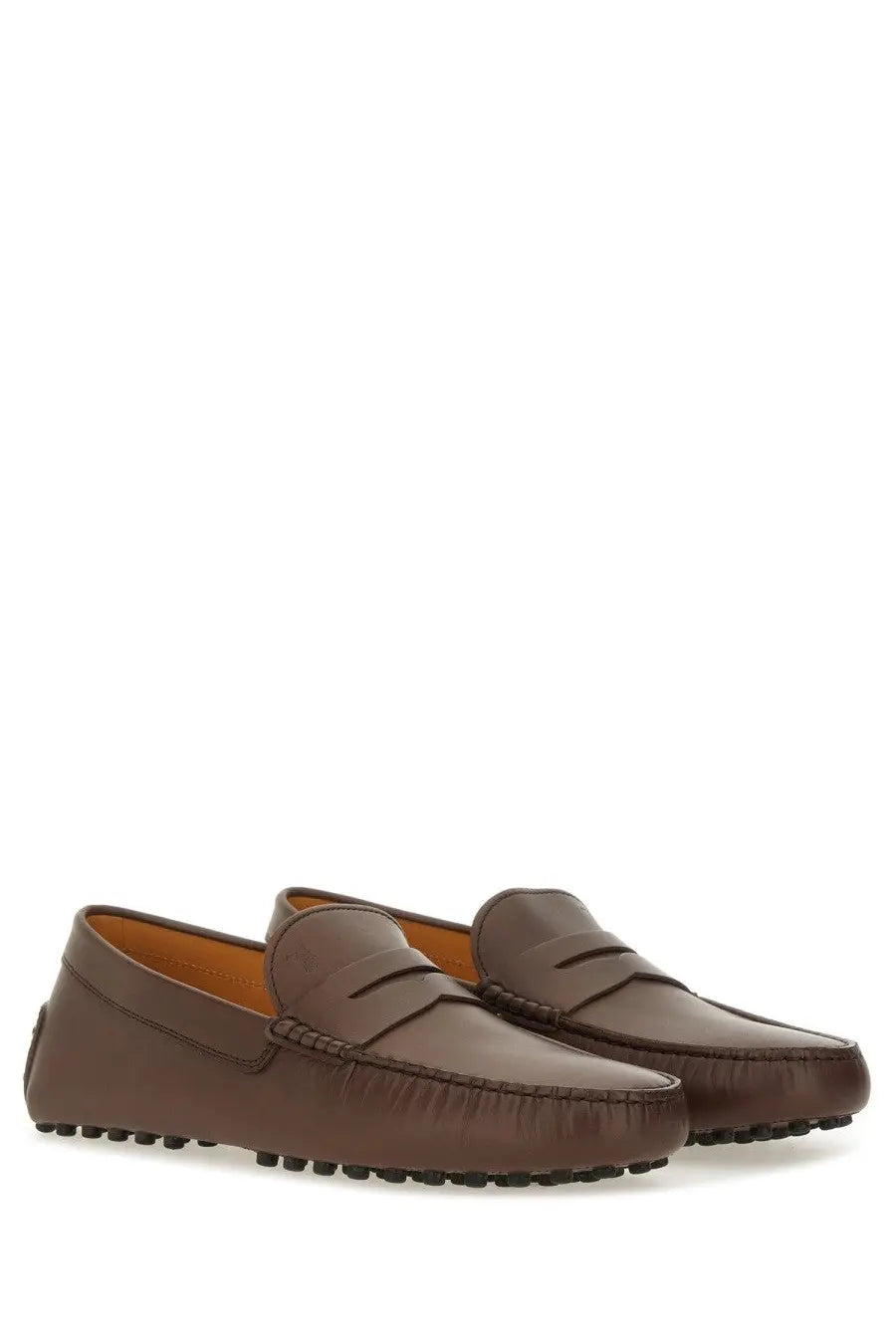 Tods men’s moccasin gommino bubble brown leather loafers with classic penny loafer design and tan lining