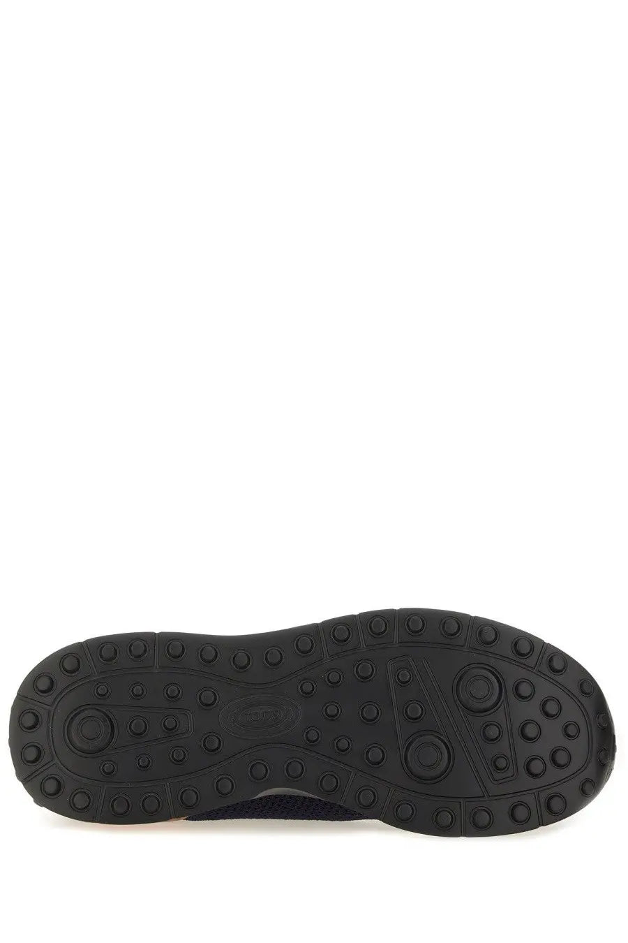 Tod’s men’s sneaker socks blue featuring a black rubber sole with circular tread patterns and subtle logo imprint