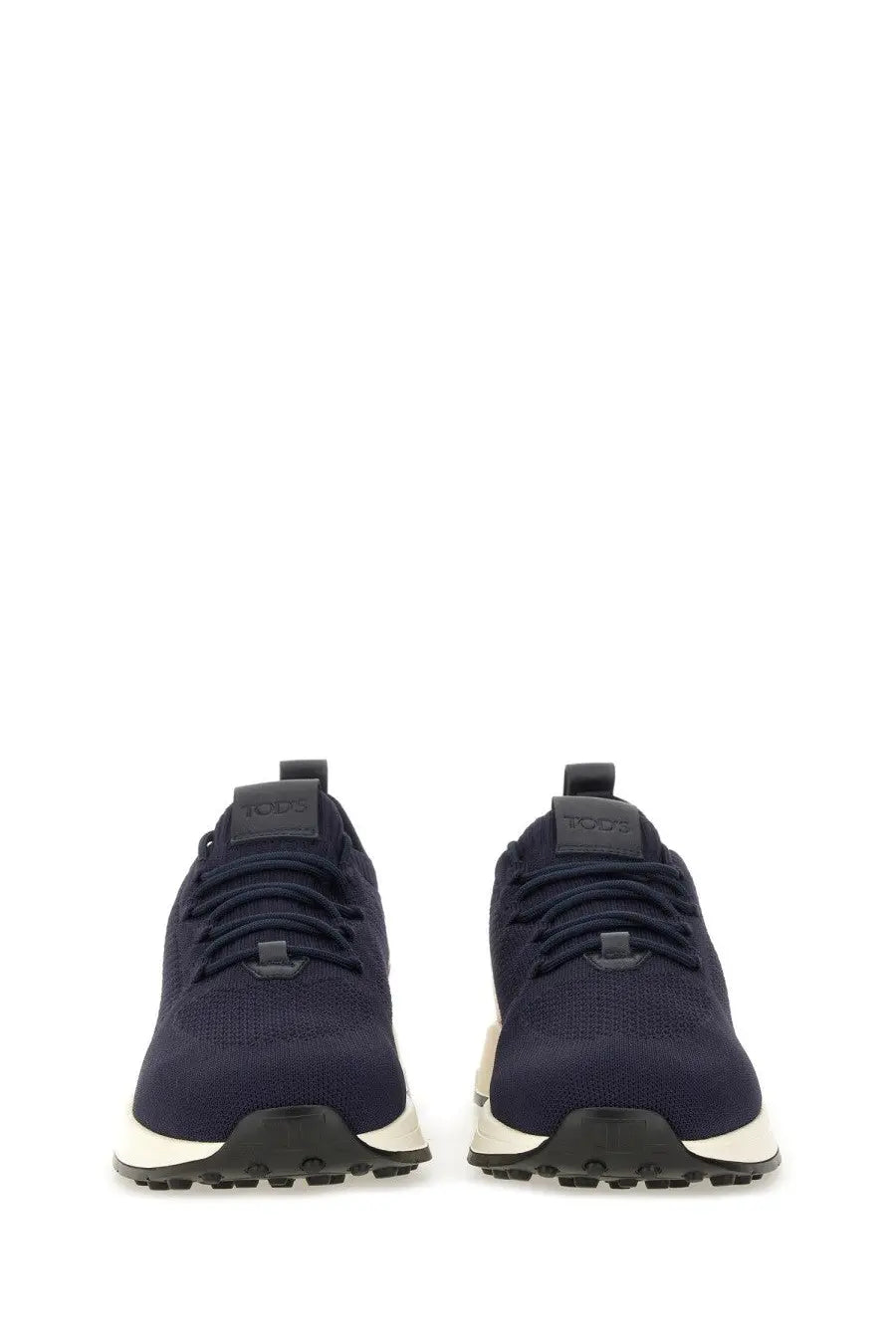 Tod’s men’s sneaker socks in navy blue knit with white and black soles for casual wear